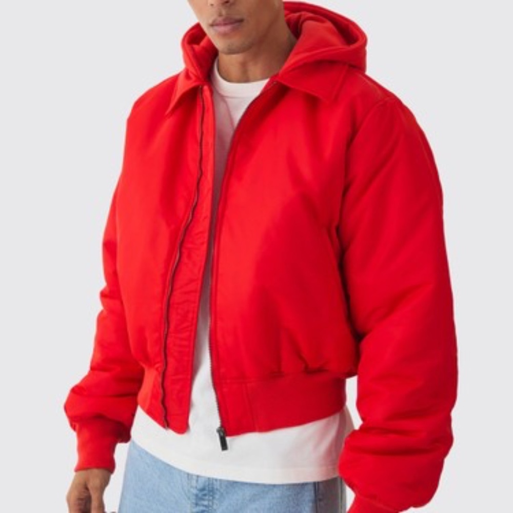 Collared Nylon Boxy Bomber With Jersey Hood In Red